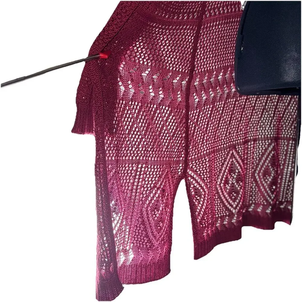 Ransom Womens Medium Sweater Red Burgundy Long Sleeve Knit Crochet Open Cardigan